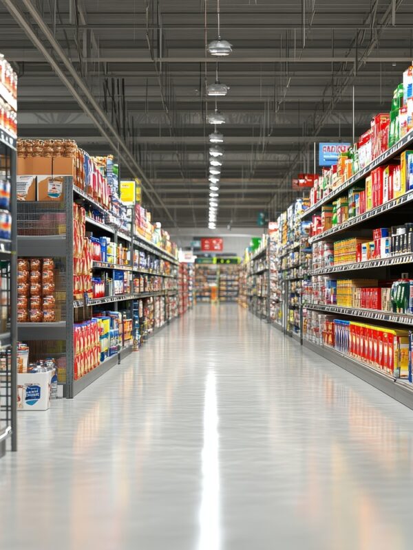A wide-angle view of a supermarket aisle showcasing neatly arranged shelves filled with diverse products, highlighting the organized layout and modern shopping environment.